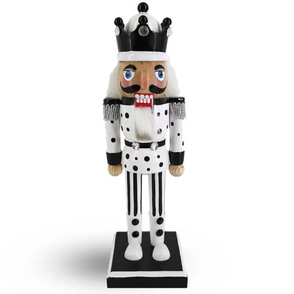 King Nutcracker White Black Polka Dots and Black Crown 10 inch - Picture 1 of 5